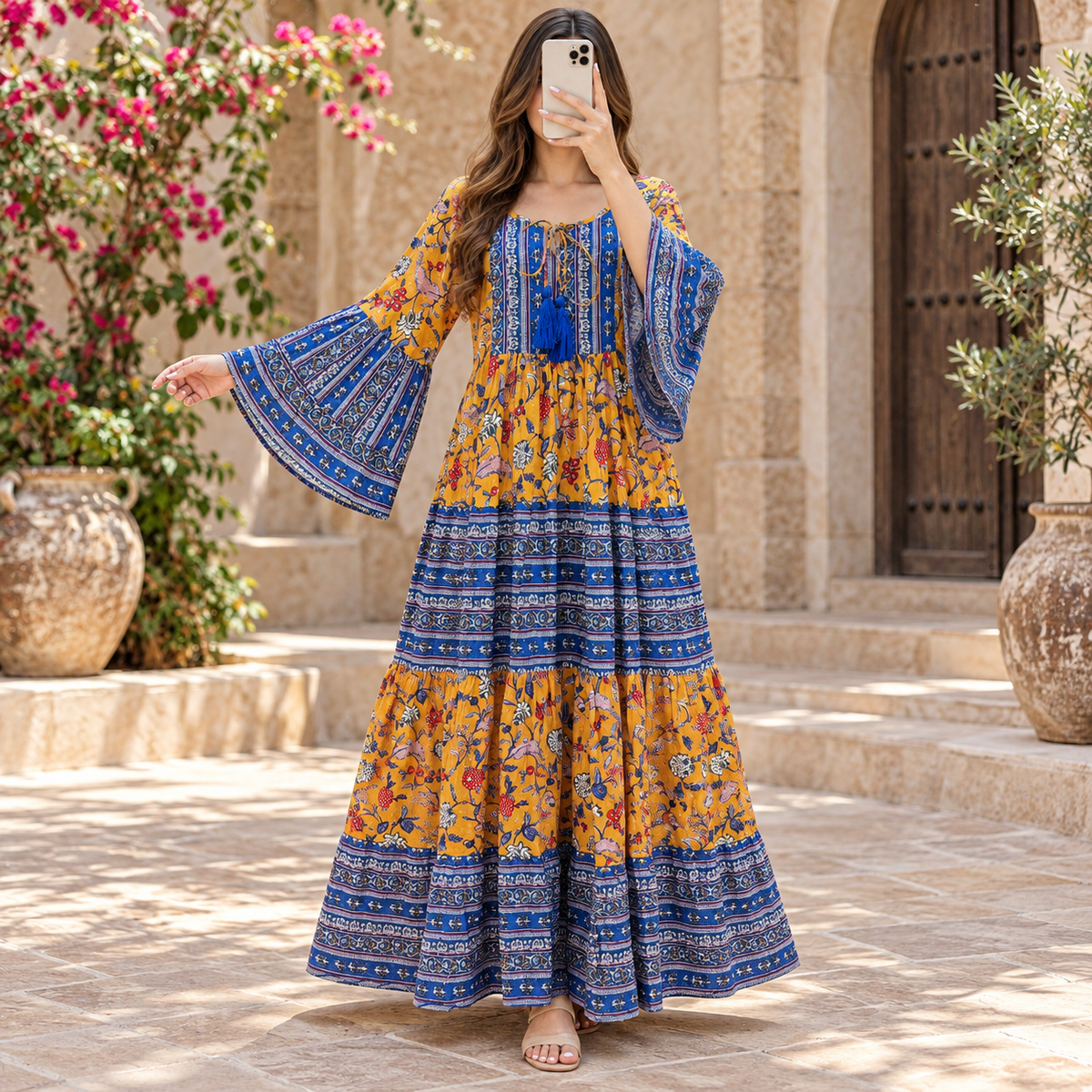 L/XL Gaby Crystal Printed Cotton Long Dress Jalabiya – 57