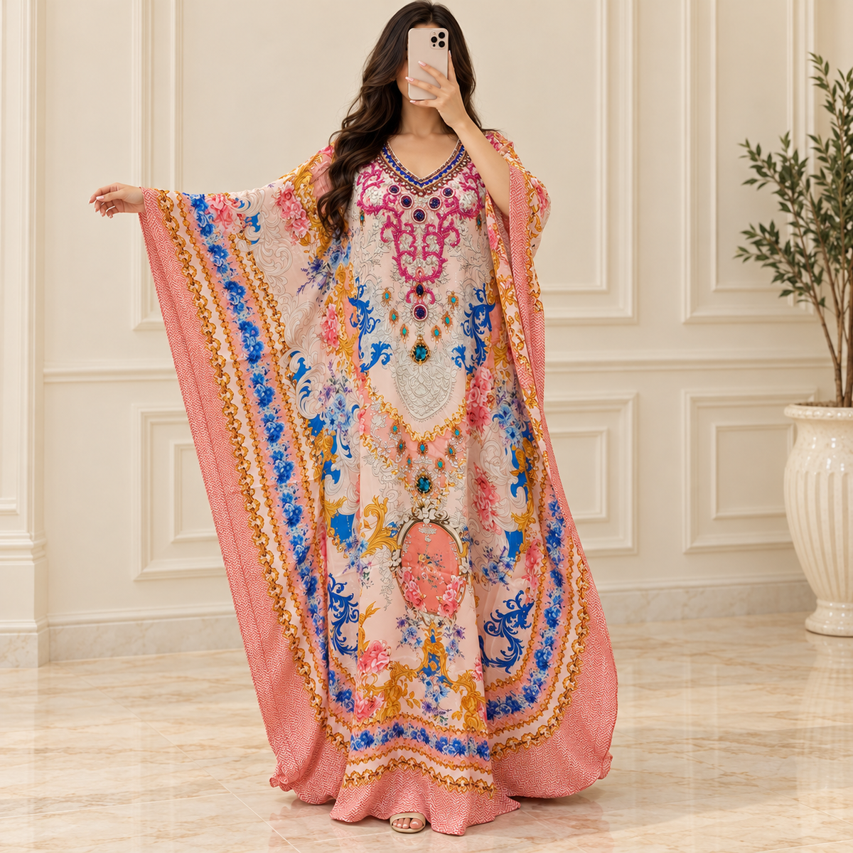 Free Size Silky Digital Kaftan And Farasha Printed Long Jalabiya