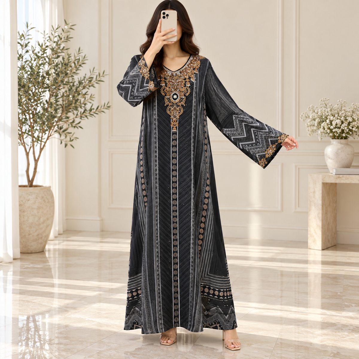 XS/S Silky Digital Kaftan Printed Long Jalabiya