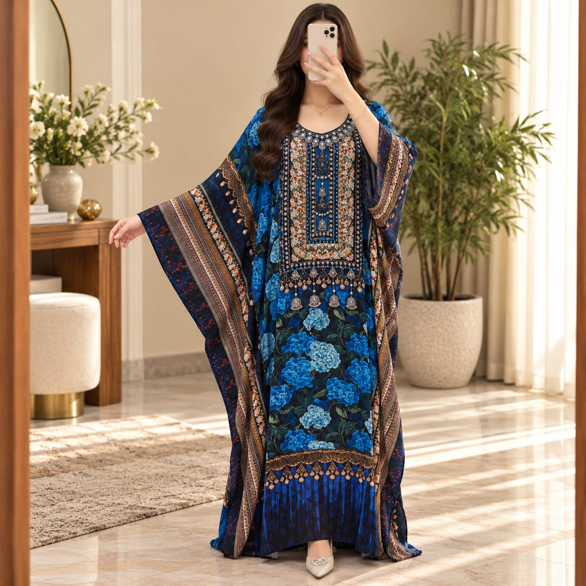 Free Size Silky Digital Kaftan And Farasha Printed Long Jalabiya