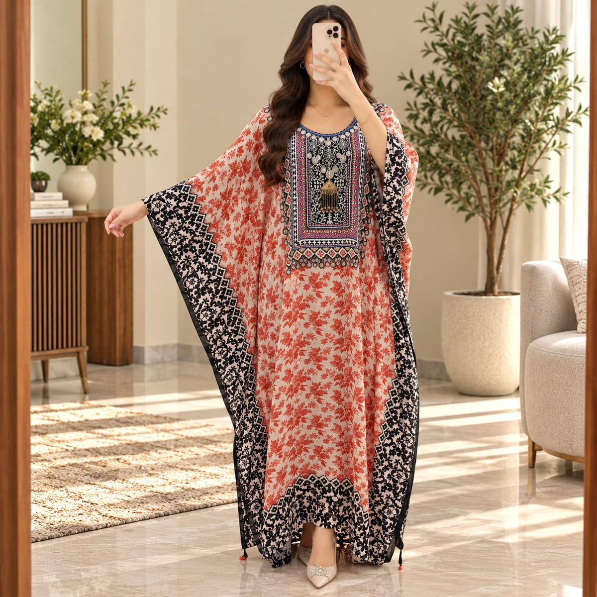 Free Size Silky Digital Kaftan And Farasha Printed 50" Long Jalabiya