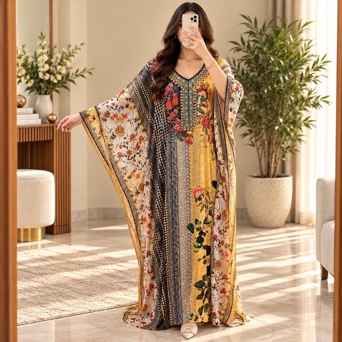Free Size Silky Digital Kaftan And Farasha Printed Long Jalabiya
