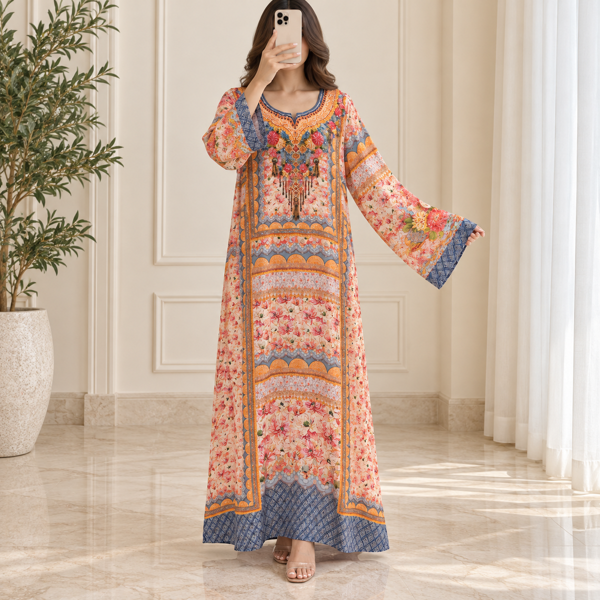 XS/S Silky Digital Kaftan Printed Long Jalabiya