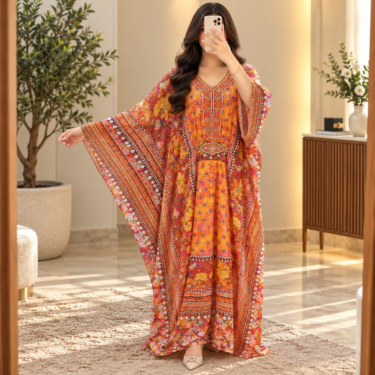 Free Size Silky Digital Kaftan And Farasha Printed Long Jalabiya