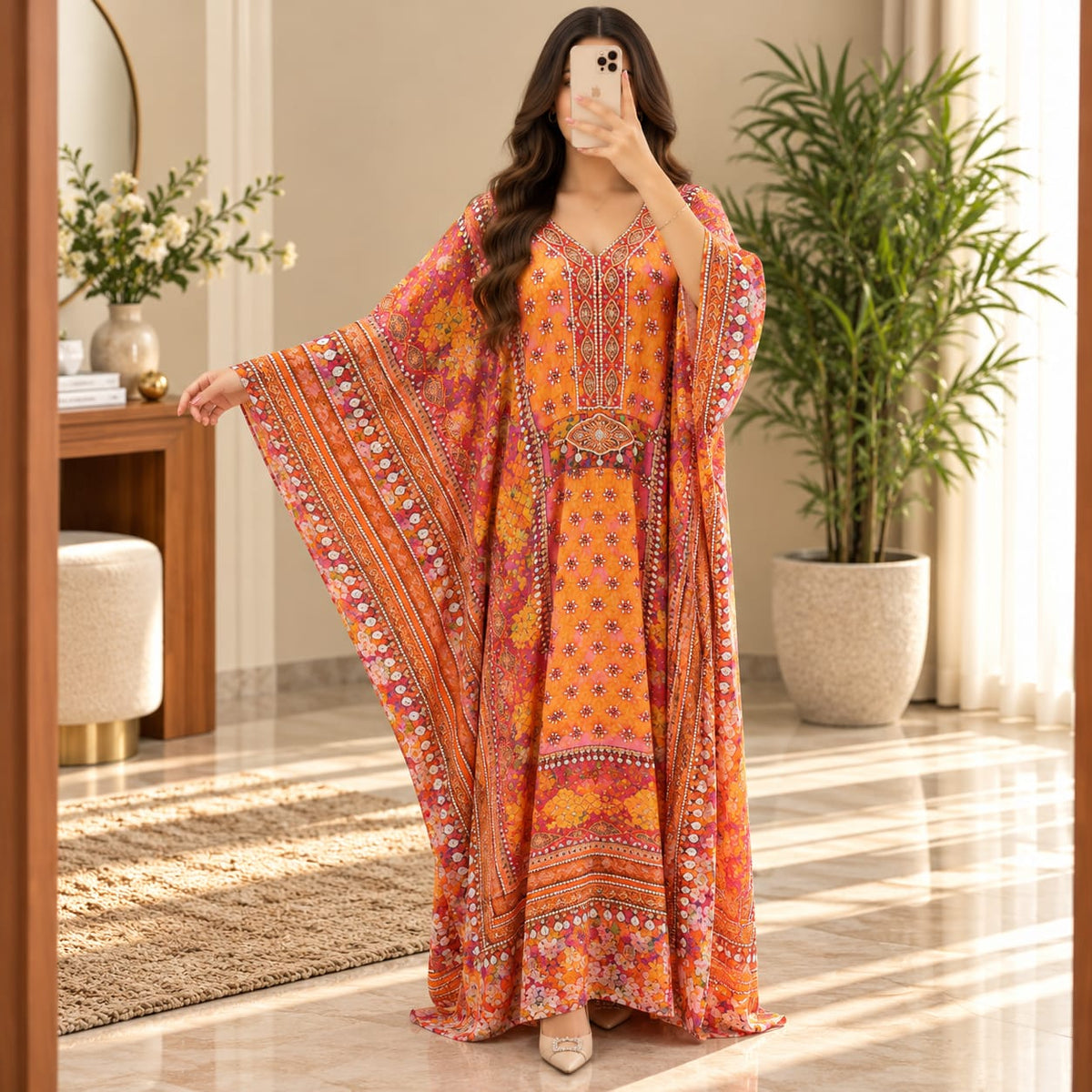 Free Size Silky Digital Kaftan And Farasha Printed Long Jalabiya