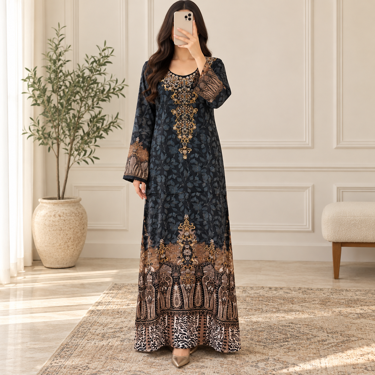 S Silky Digital Kaftan And Farasha Printed Long Jalabiya