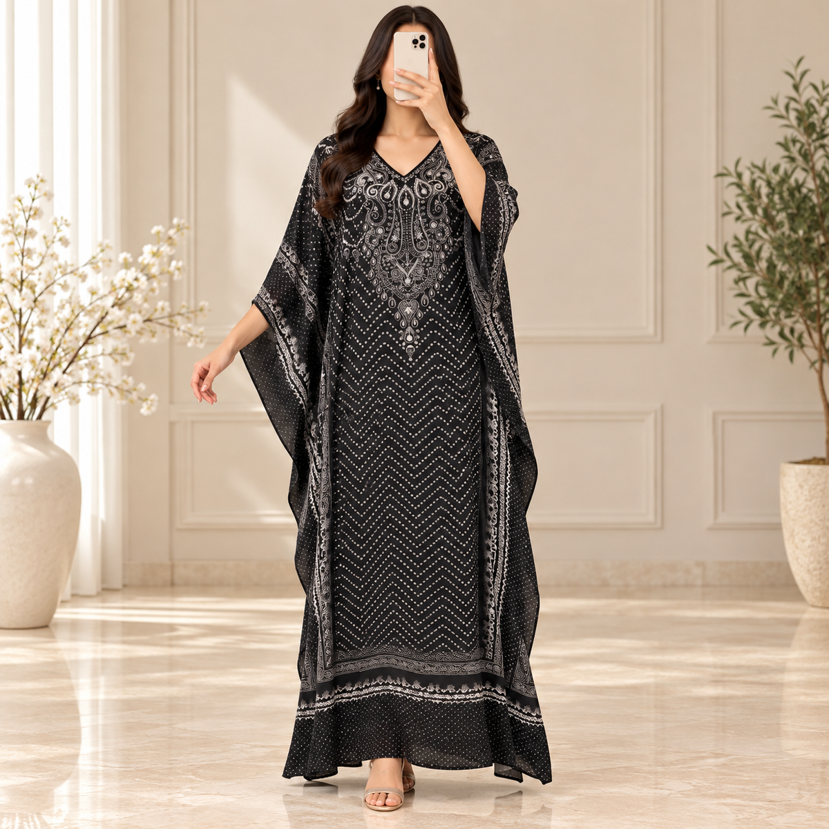 Free Size Silky Digital Kaftan And Farasha Printed Long Jalabiya
