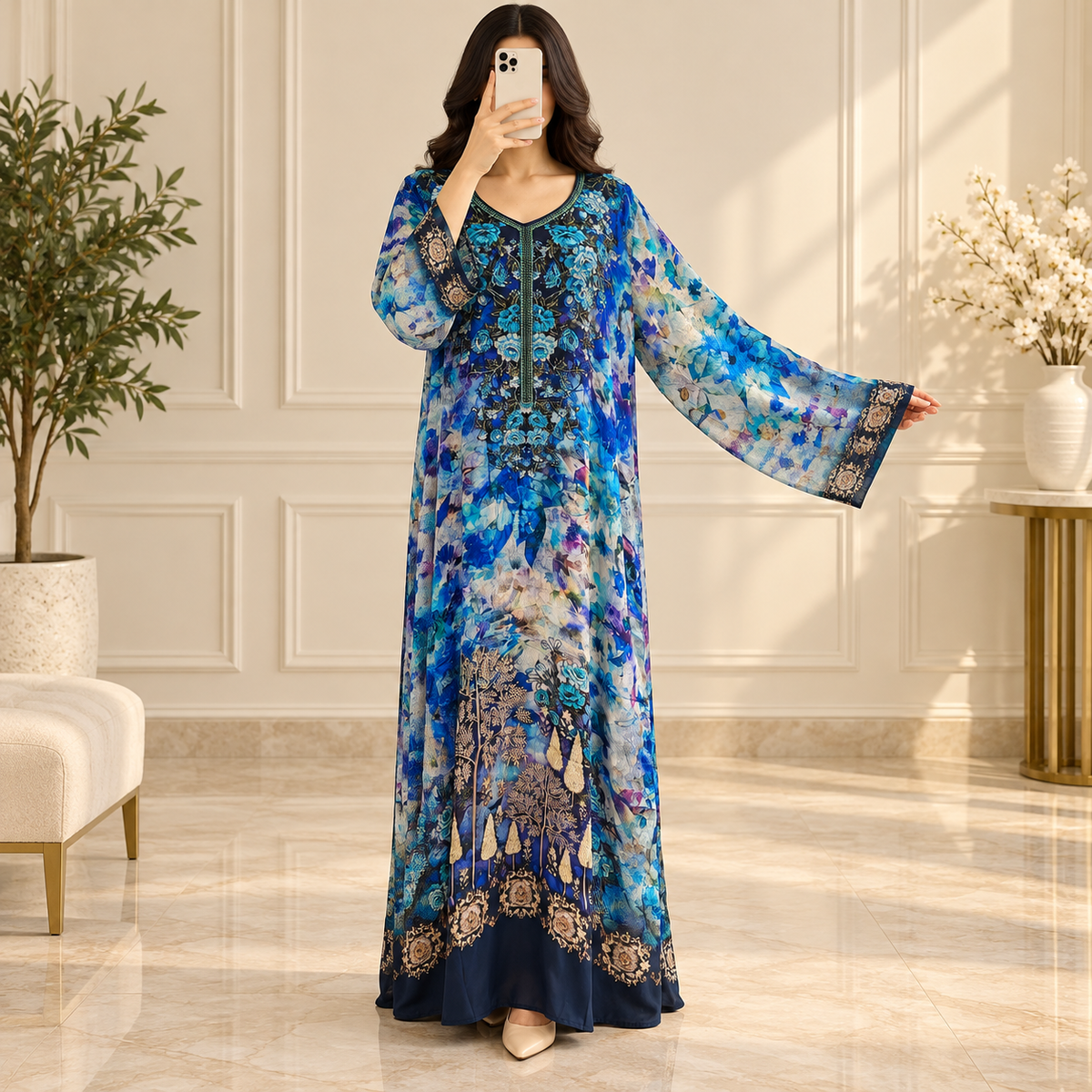 XL Silky Digital Kaftan Printed Long Jalabiya