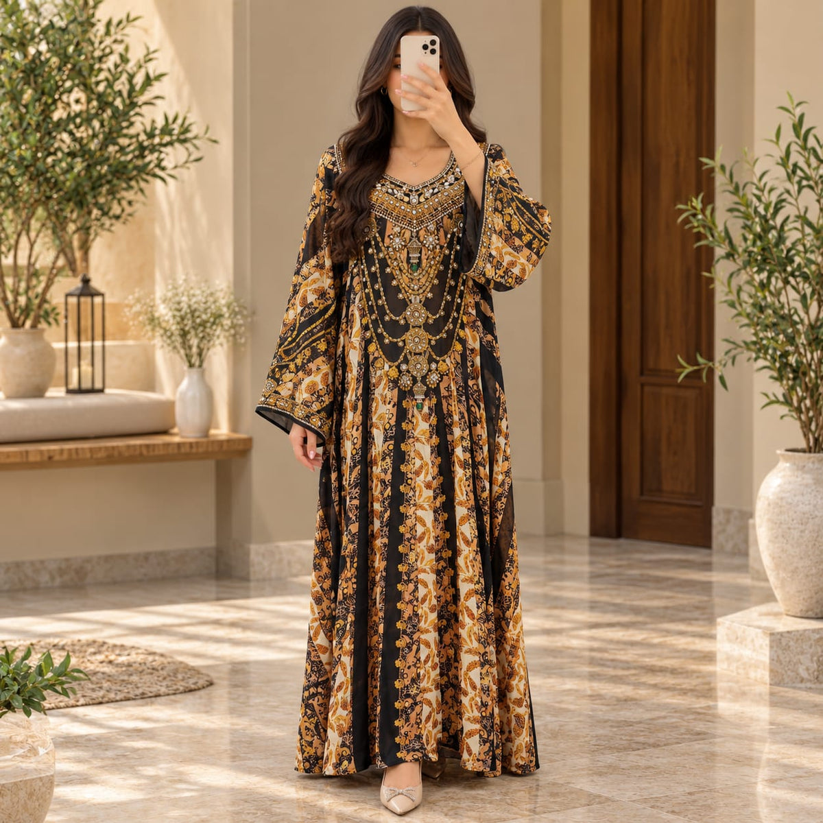 M Silky Digital Kaftan And Farasha Printed Long Jalabiya