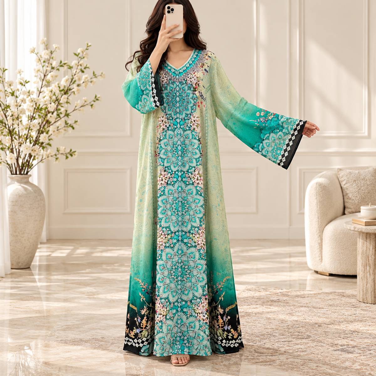 XL Silky Digital Kaftan Printed Long Jalabiya