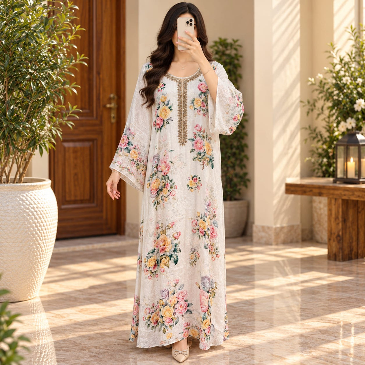 L Silky Digital Kaftan And Farasha Printed Long Jalabiya