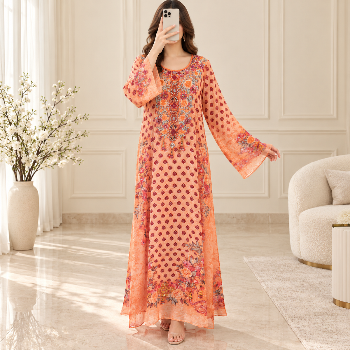 XS/S Silky Digital Kaftan Printed Long Jalabiya