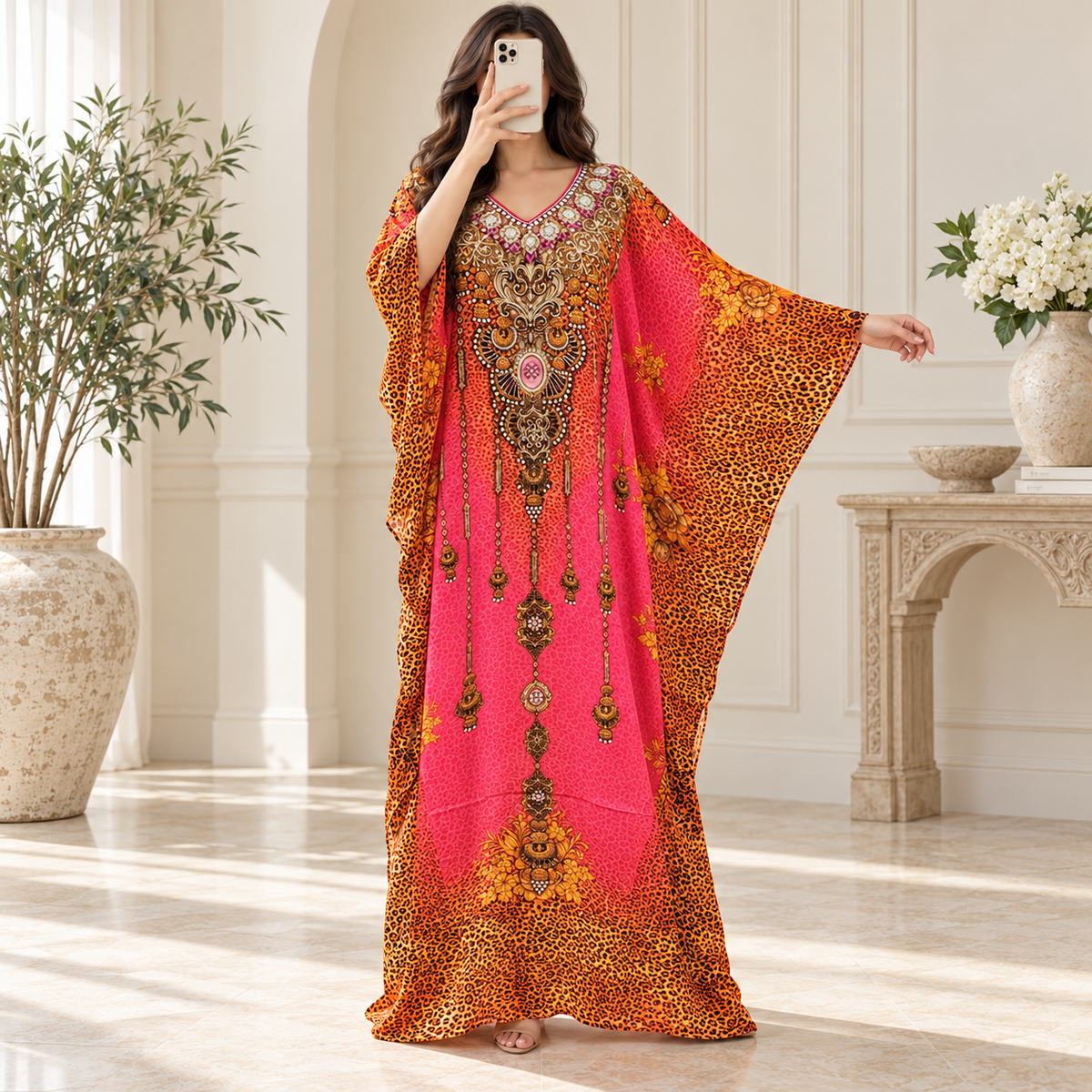 Free Size Silky Digital Kaftan And Farasha Printed Long Jalabiya