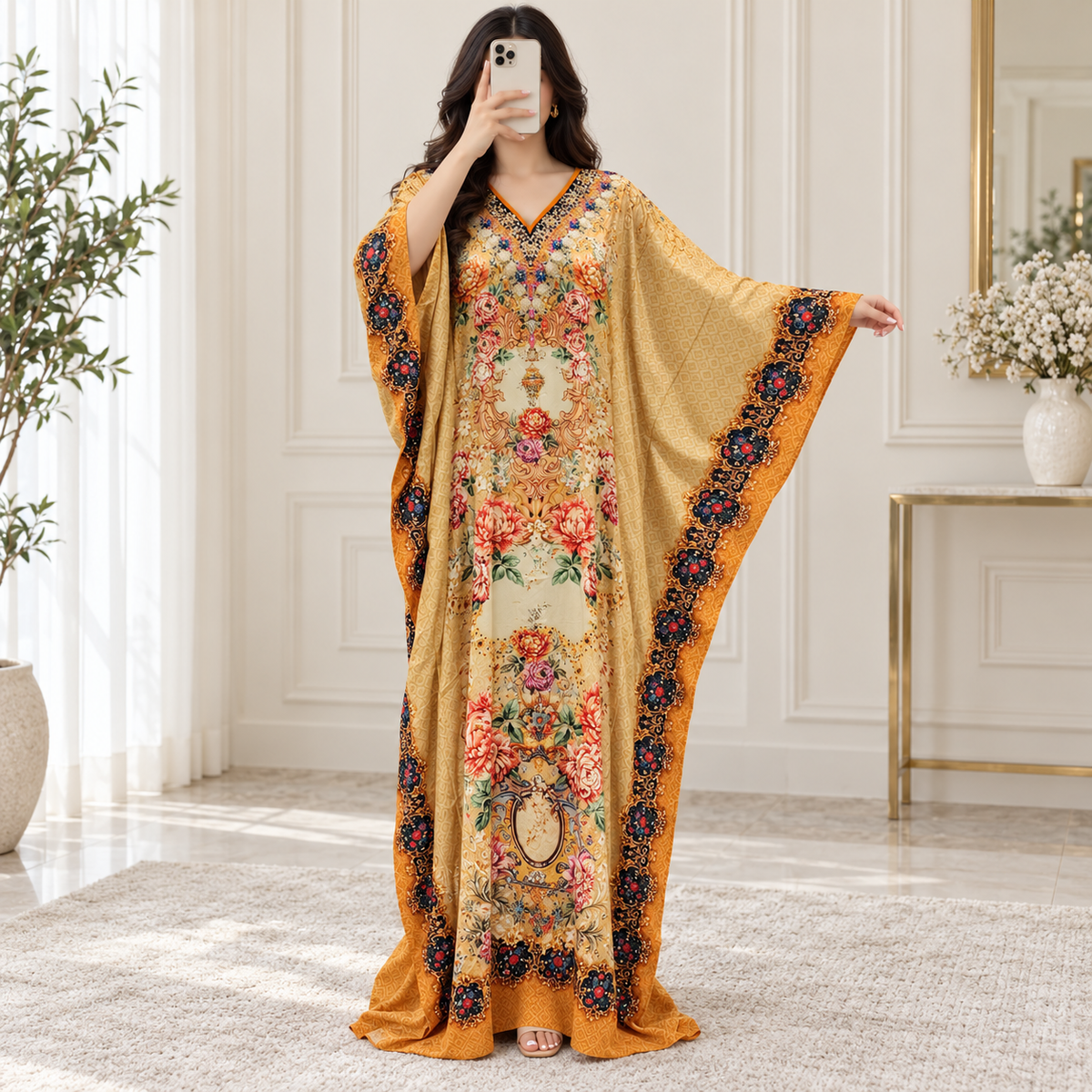 Free Size Silky Digital Kaftan And Farasha Printed Long Jalabiya