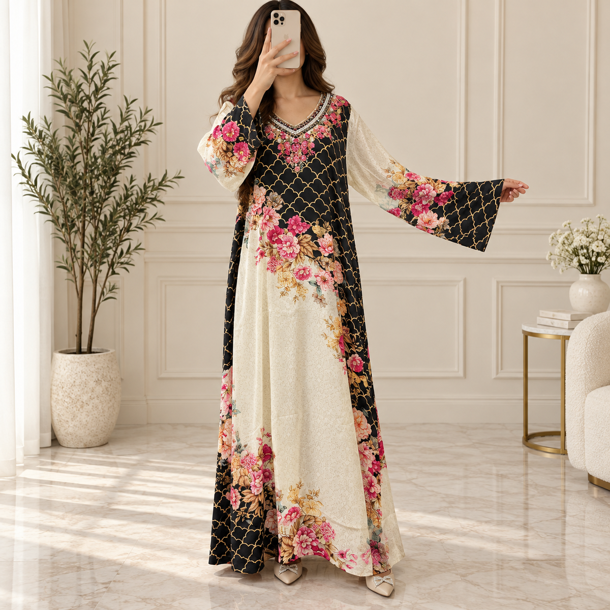 S Silky Digital Kaftan And Farasha Printed Long Jalabiya