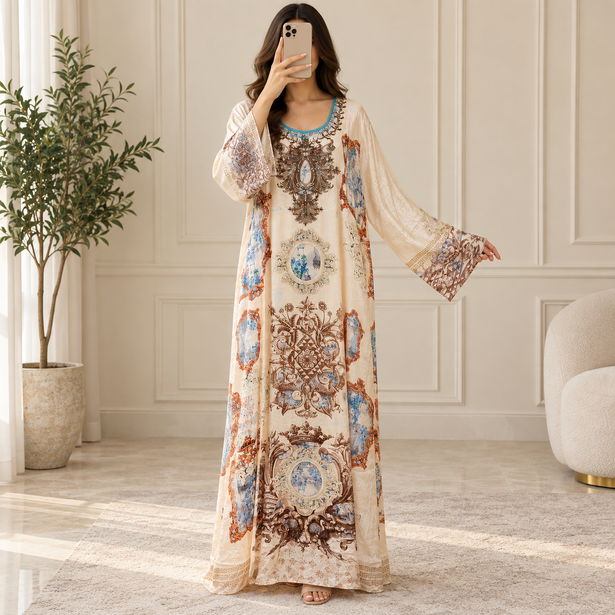 S Silky Digital Kaftan Printed Long Jalabiya