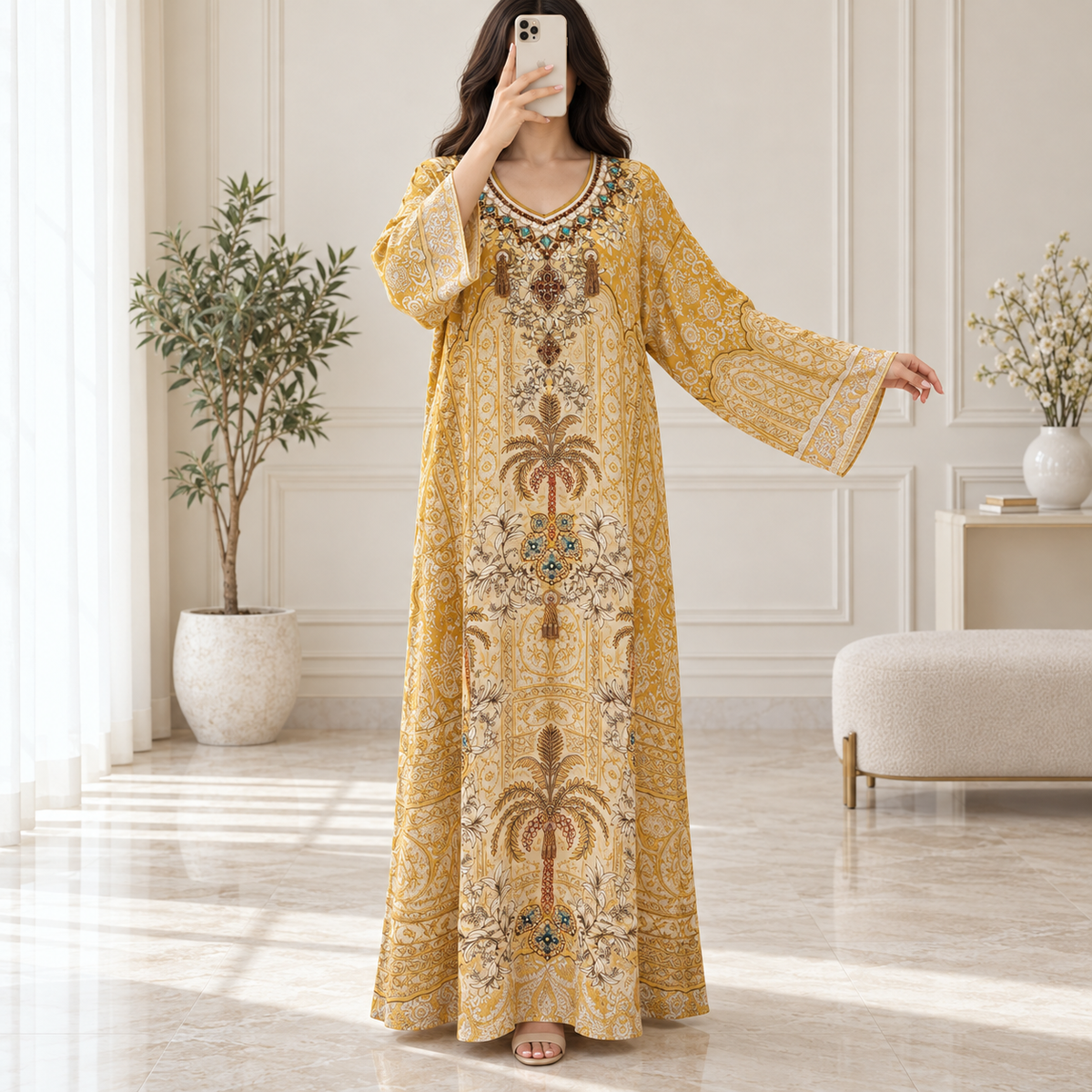 XS/S Silky Digital Kaftan Printed Long Jalabiya