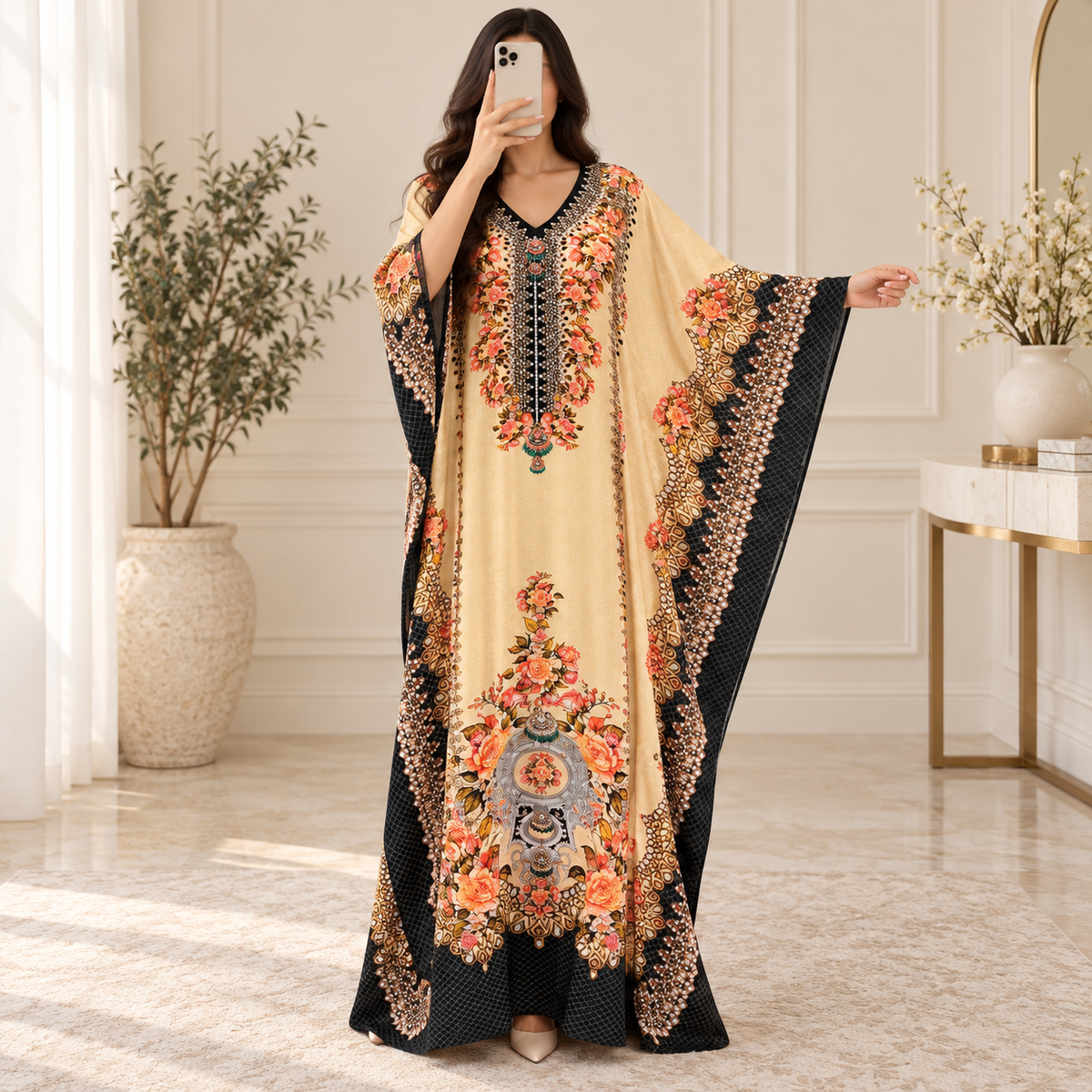 Free Size Silky Digital Kaftan And Farasha Printed Long Jalabiya