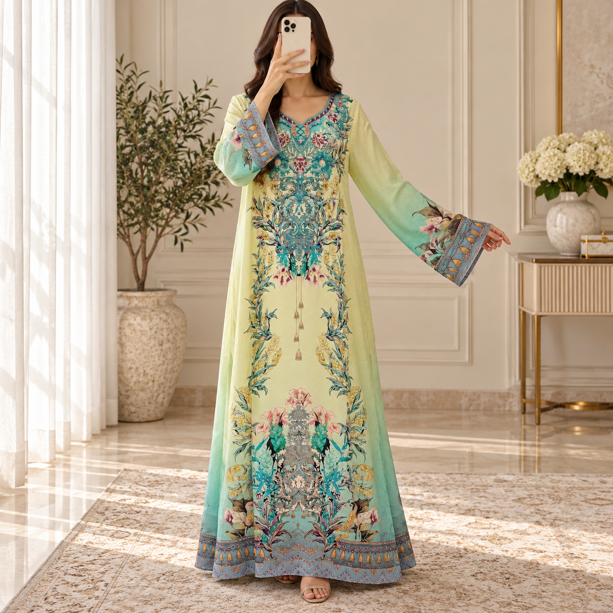 XS Silky Digital Kaftan Printed Long Jalabiya