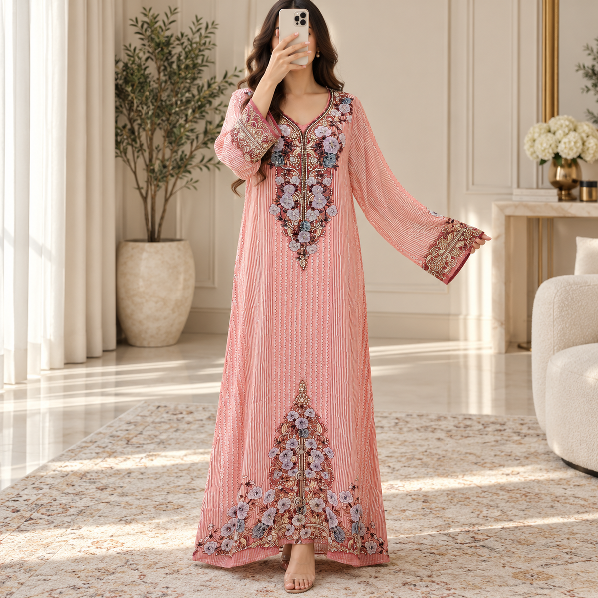 XS/S Silky Digital Kaftan Printed Long Jalabiya
