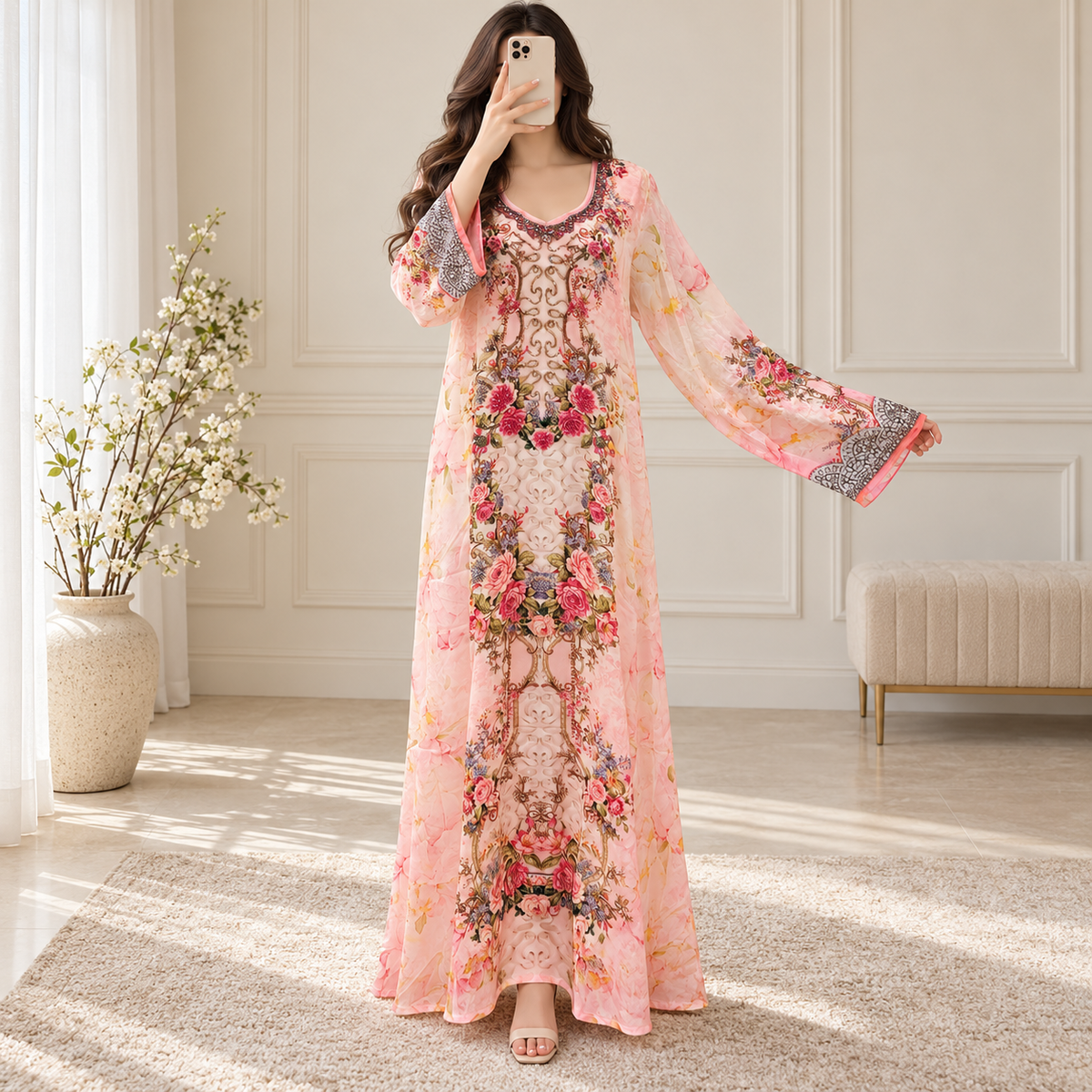 XS/S Silky Digital Kaftan Printed Long Jalabiya
