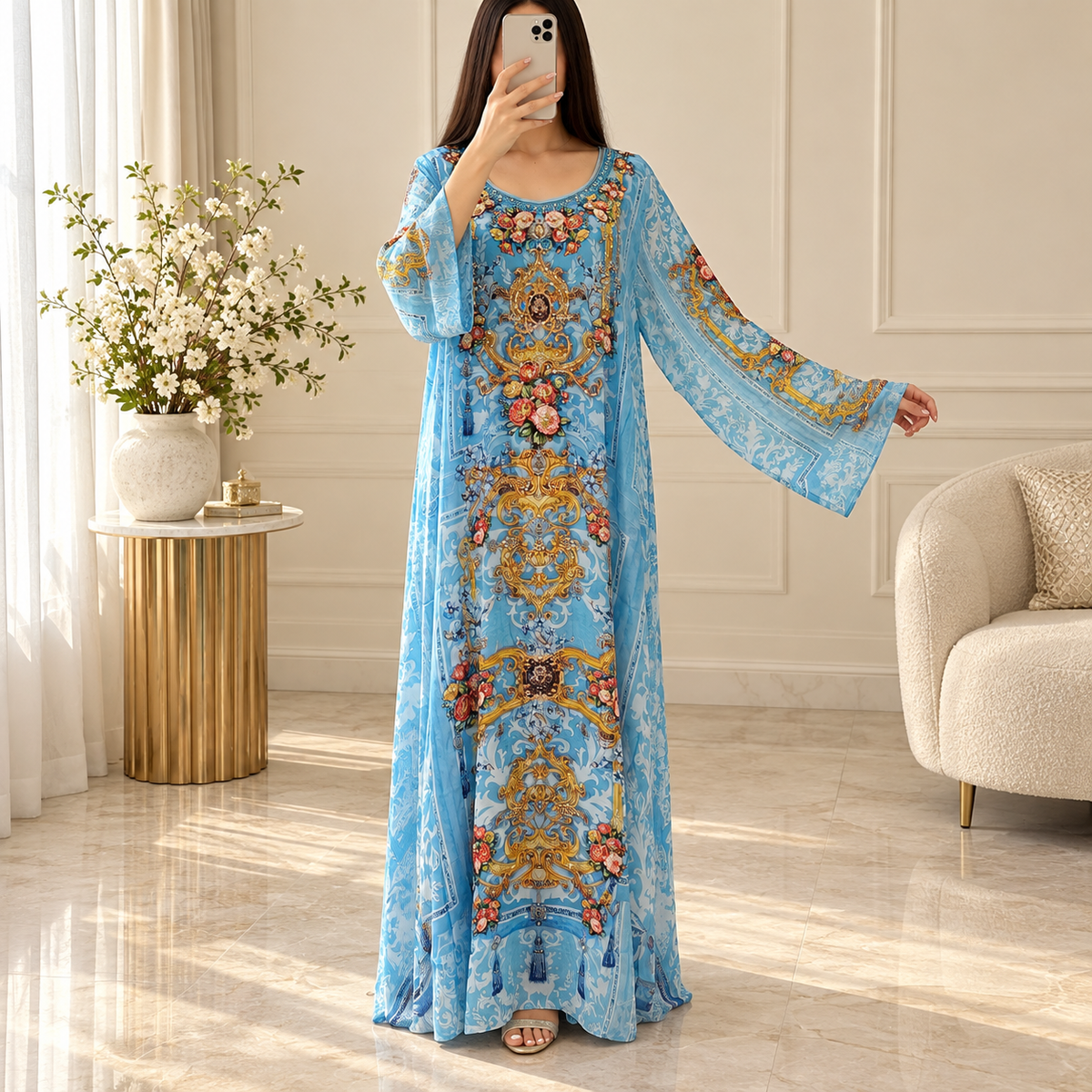 S Silky Digital Kaftan Printed Long Jalabiya