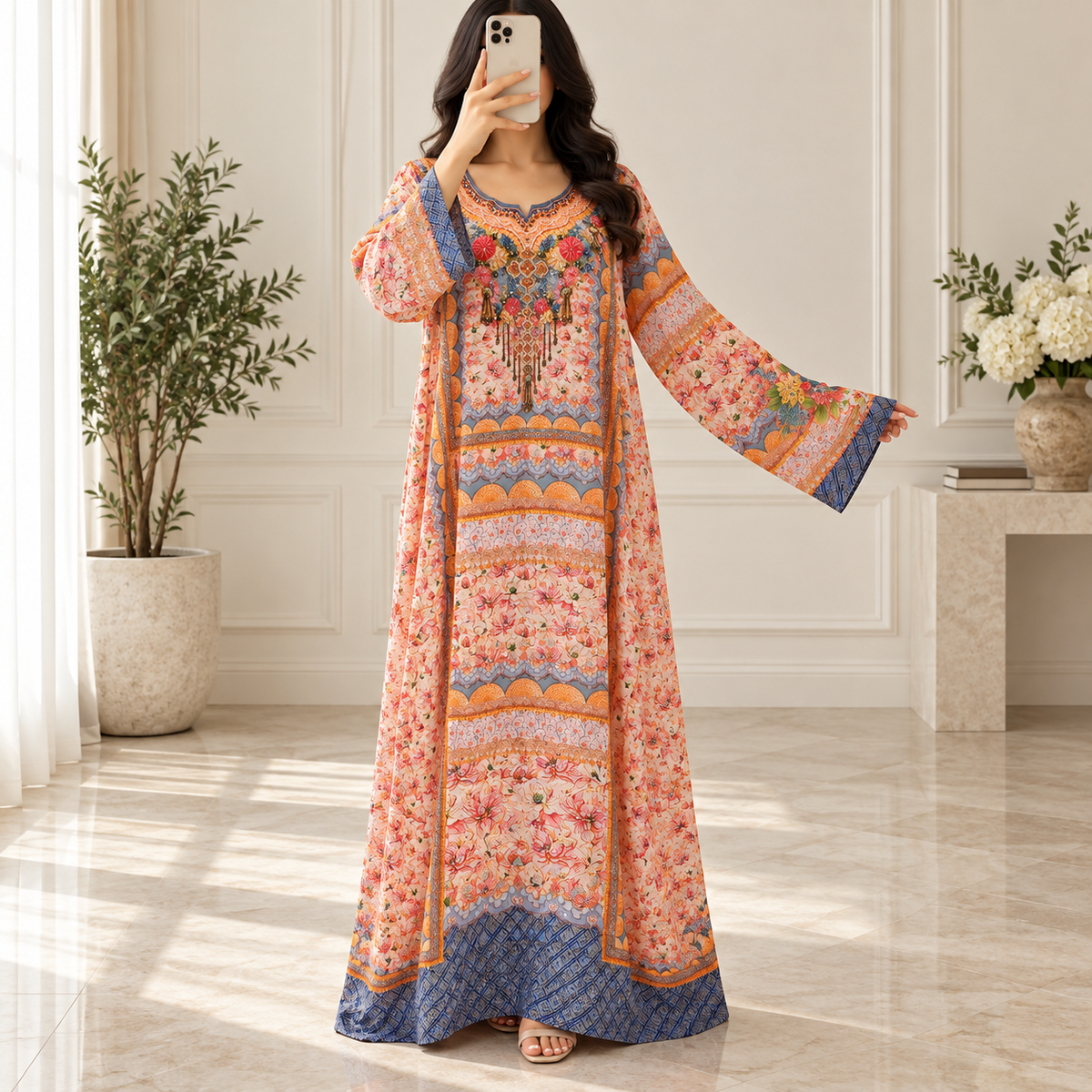XS/S Silky Digital Kaftan Printed Long Jalabiya