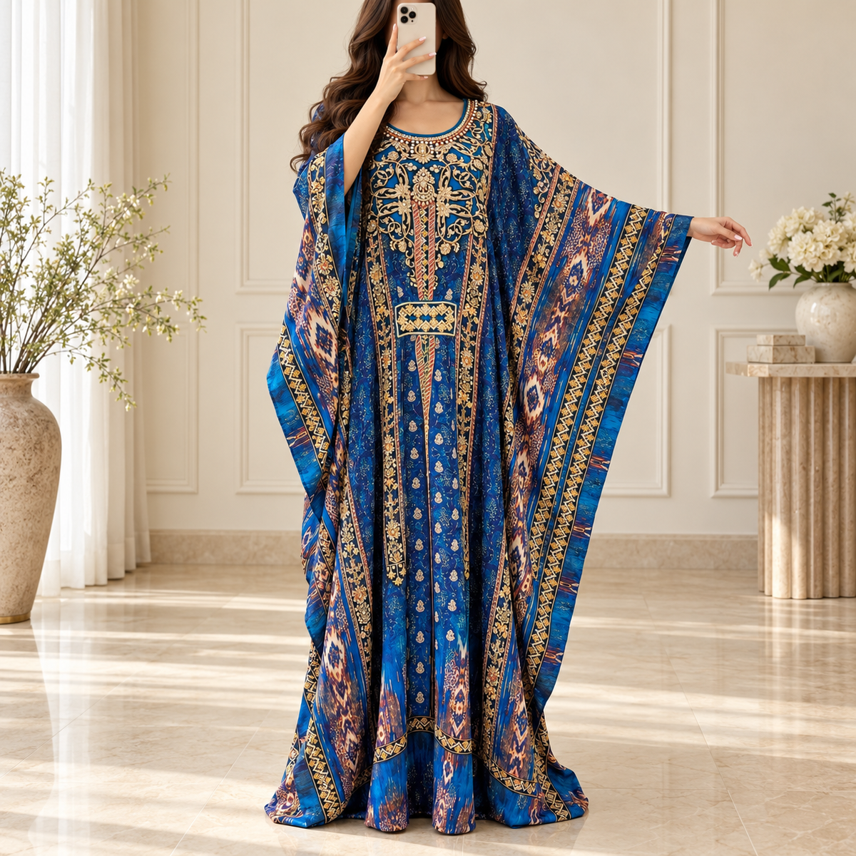 Free Size Silky Digital Kaftan And Farasha Printed Long Jalabiya