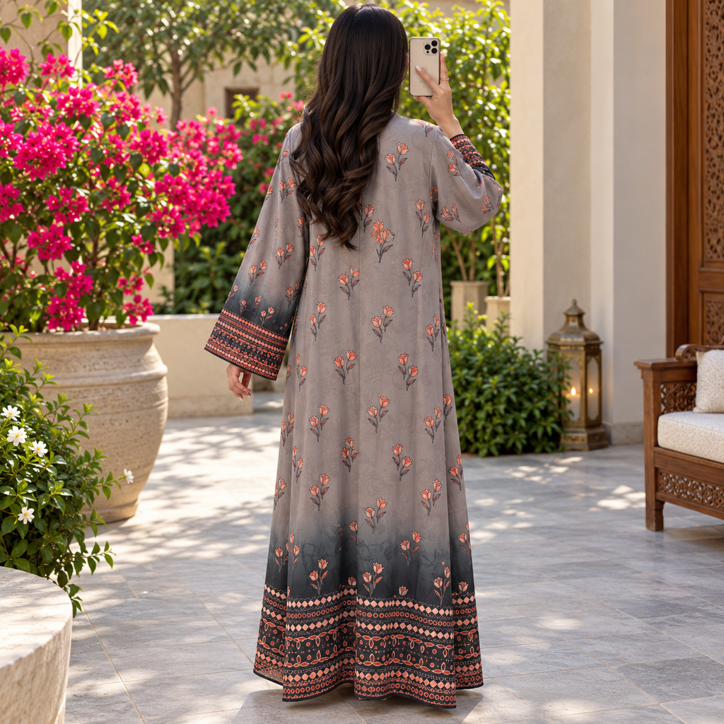 S/M Crystal Silky Digital Kaftan Printed 55" Long Jalabiya