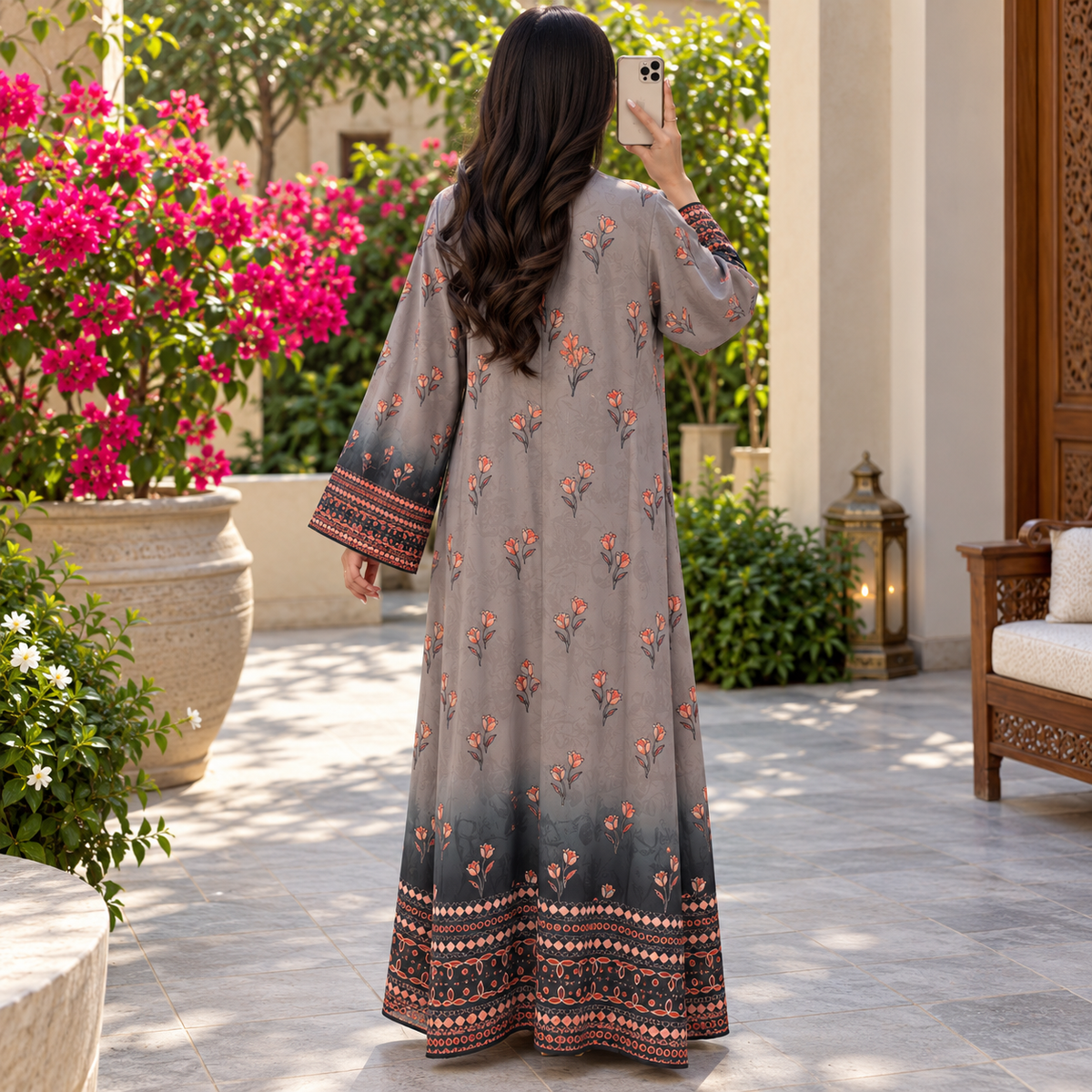S/M Crystal Silky Digital Kaftan Printed 55" Long Jalabiya