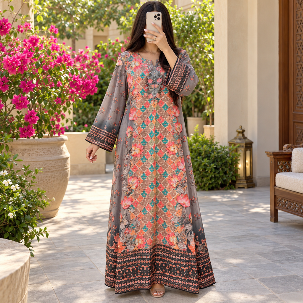 S/M Crystal Silky Digital Kaftan Printed 55" Long Jalabiya