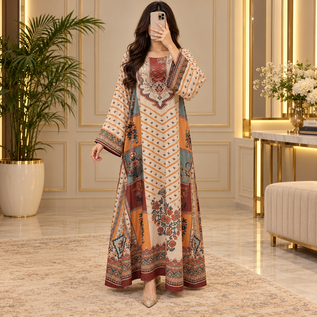 2XL/3XL Crystal Silky Digital Kaftan Printed 55"Long Jalabiya