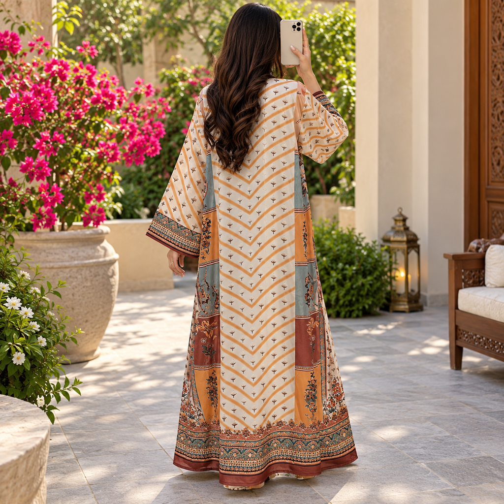 2XL/3XL Crystal Silky Digital Kaftan Printed 55"Long Jalabiya