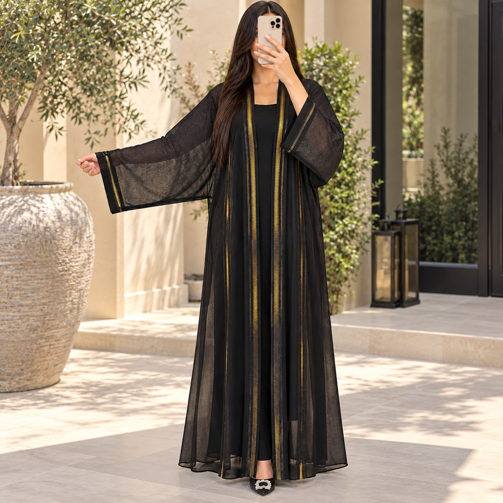 Opulent Black Trimmed Designer Abaya 57" Inches Length