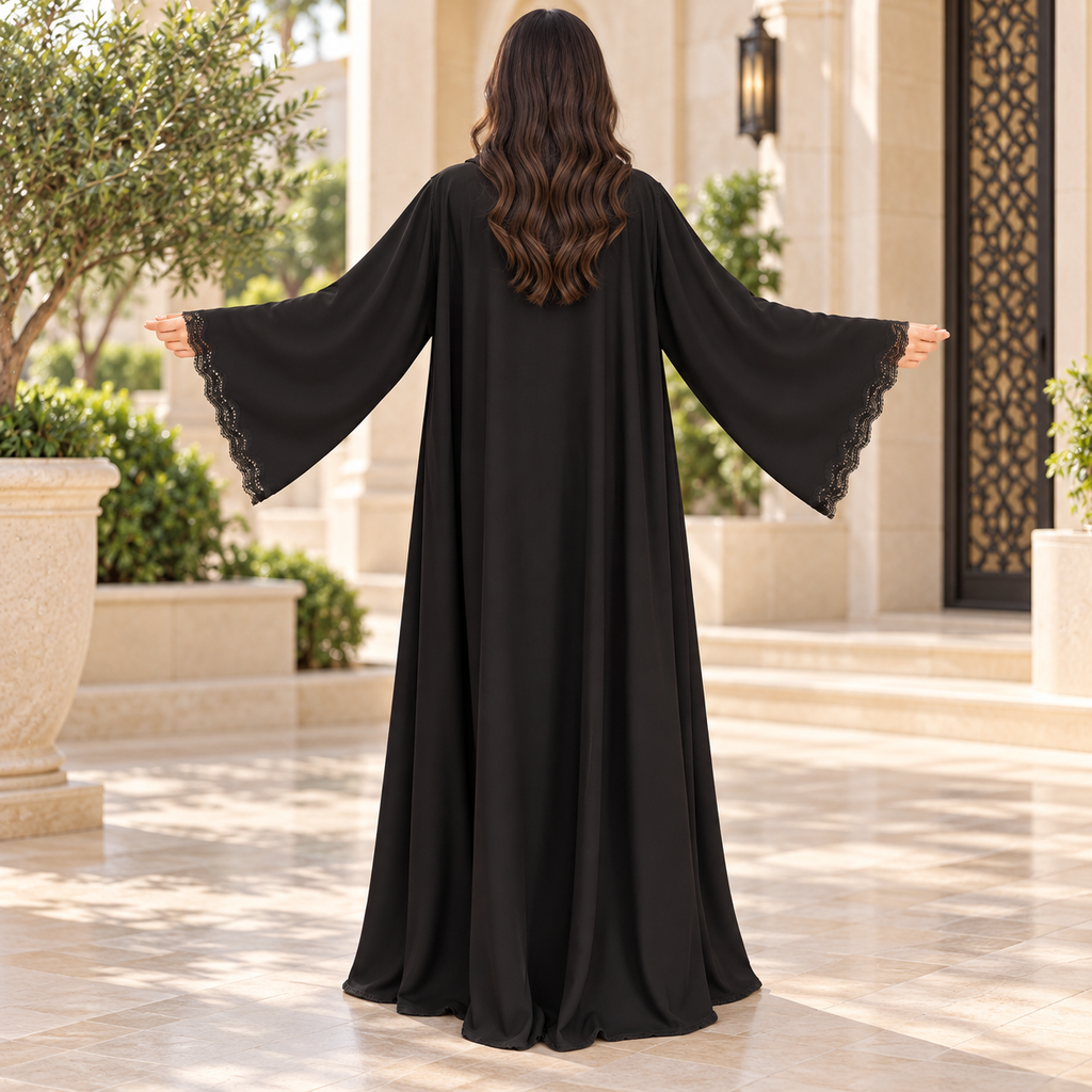 Opulent Black Lace-Trimmed Designer Abaya 58" Inches Length