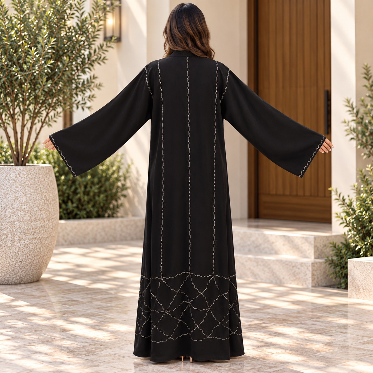 Opulent Black Lace-Trimmed Designer Abaya 56" Inches Length