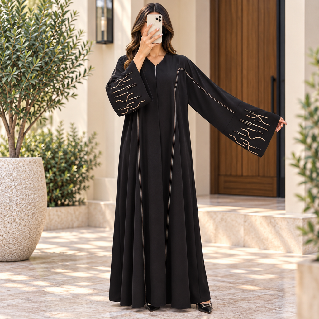 Opulent Black Lace-Trimmed Designer Abaya 58" Inches Length