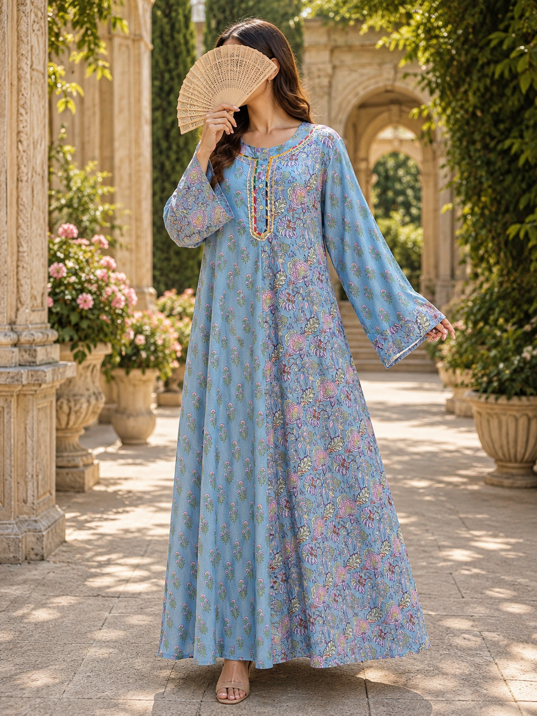 L/XL Noorain Printed Cotton Long Dress Jalabiya – 57"
