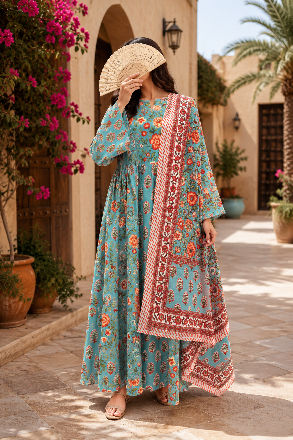 2XL-3XL Heba Printed Cotton Long Dress Jalabiya With Sheila– 57