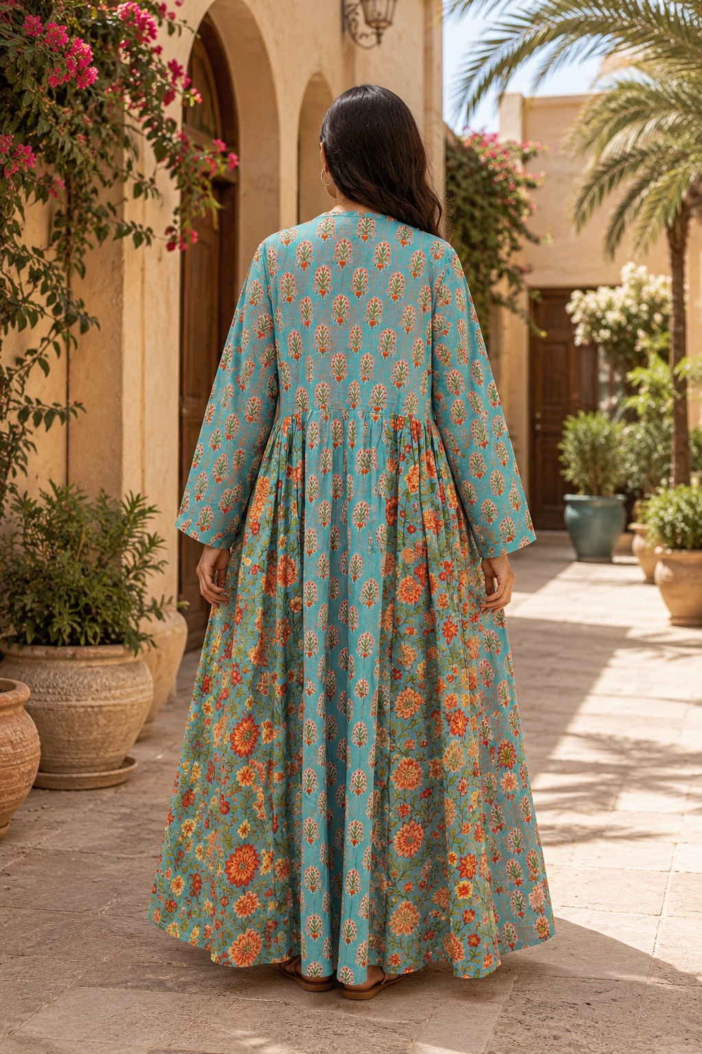 2XL-3XL Heba Printed Cotton Long Dress Jalabiya With Sheila– 57