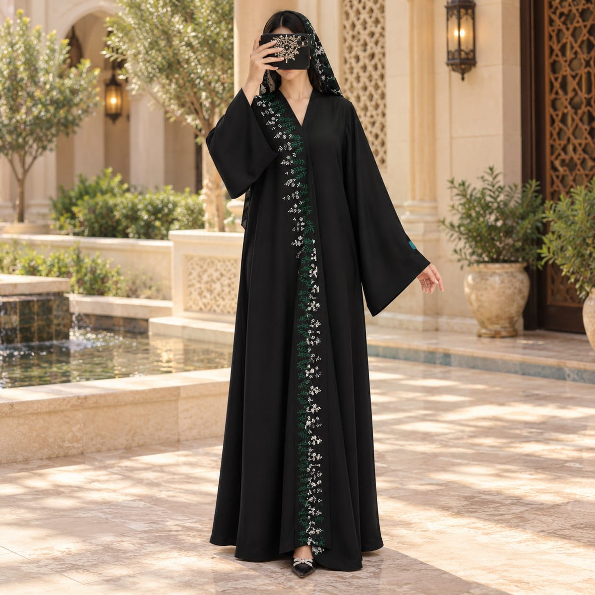 Opulent Black Trimmed Designer Abaya 58" Inches Length