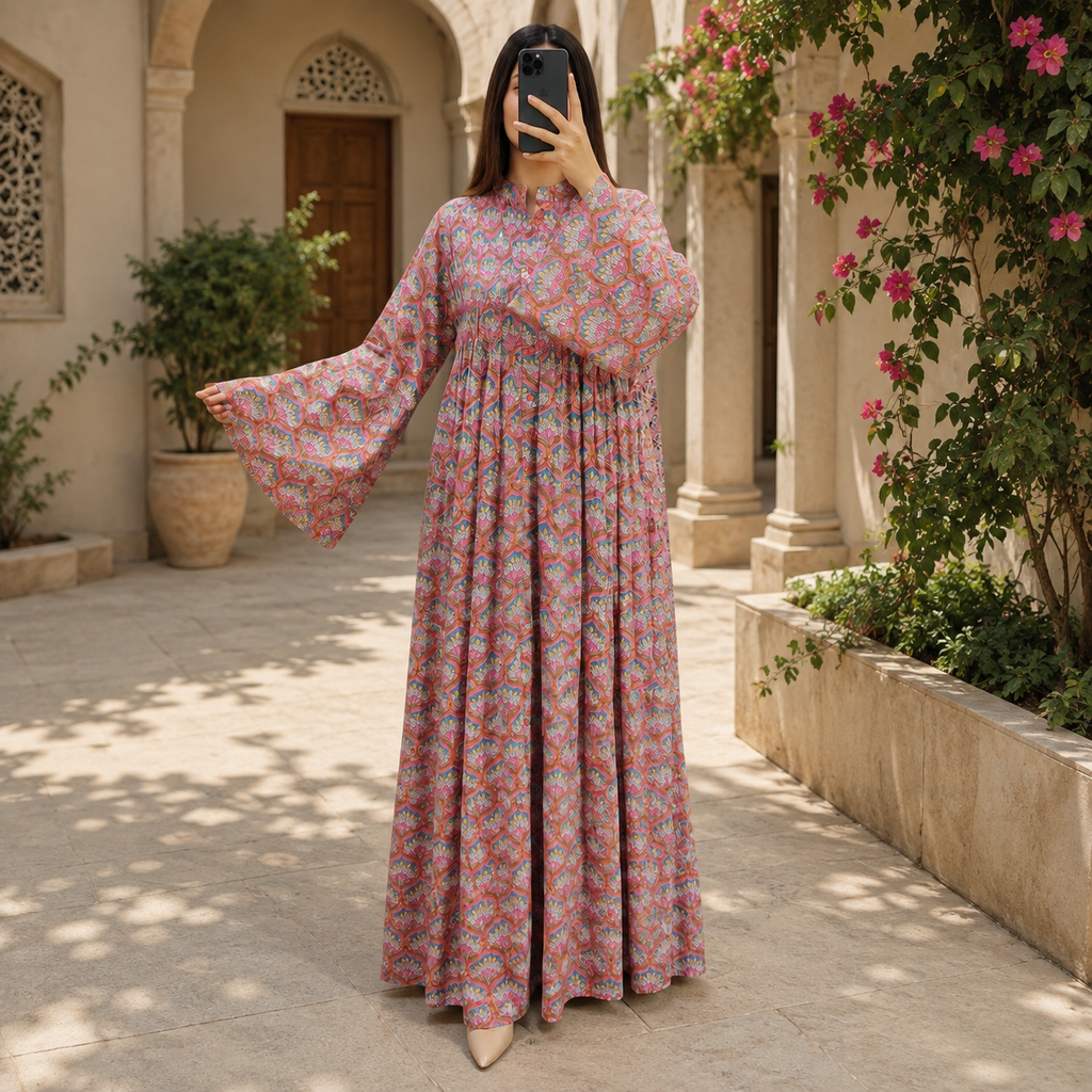 S/M Halisa Printed Cotton Long Dress Jalabiya – 57"