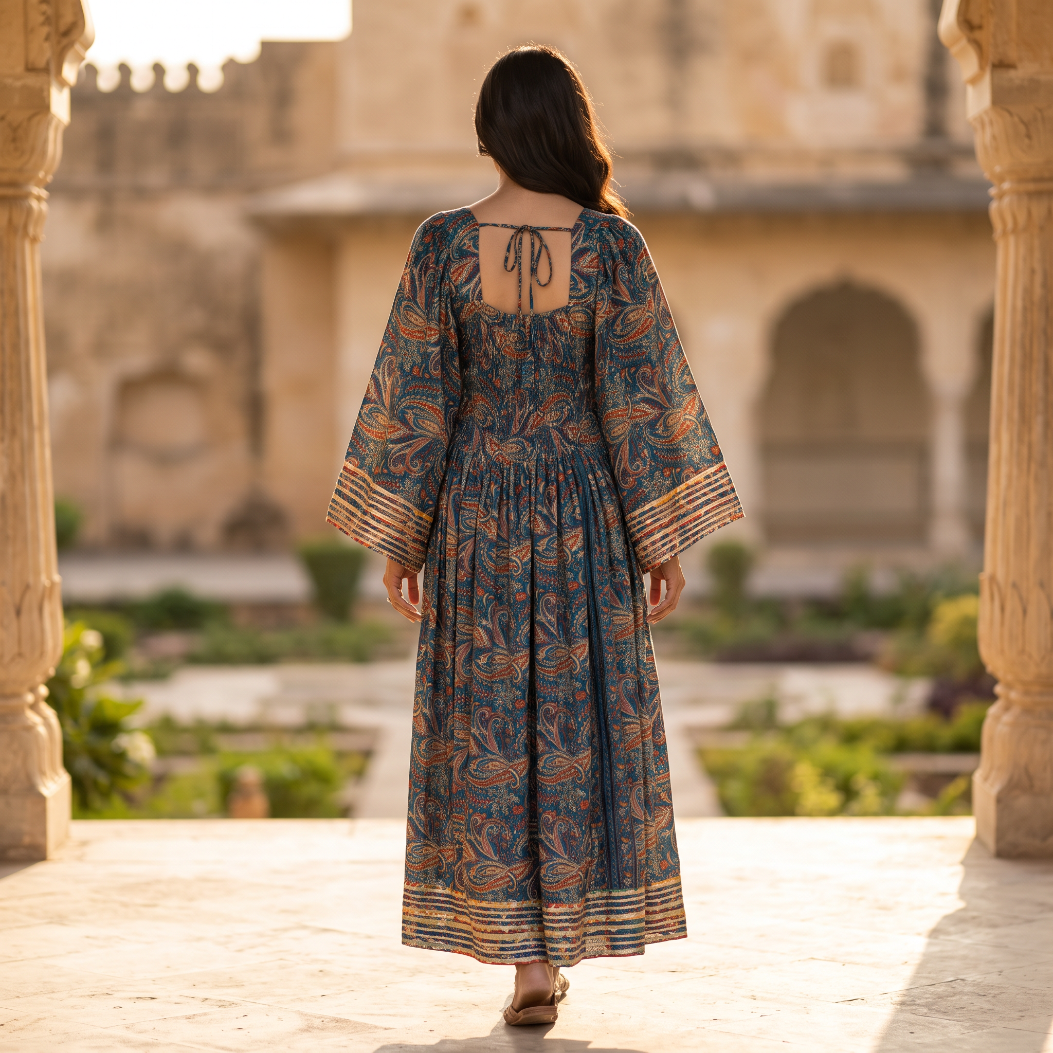 XS/S Elzina Silk Printed Cotton Long Dress Jalabiya – 54"