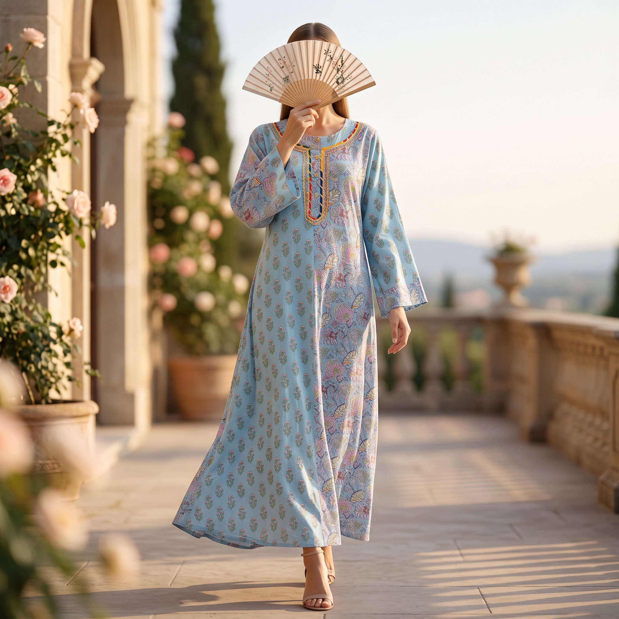 L/XL Noorain Printed Cotton Long Dress Jalabiya – 57"