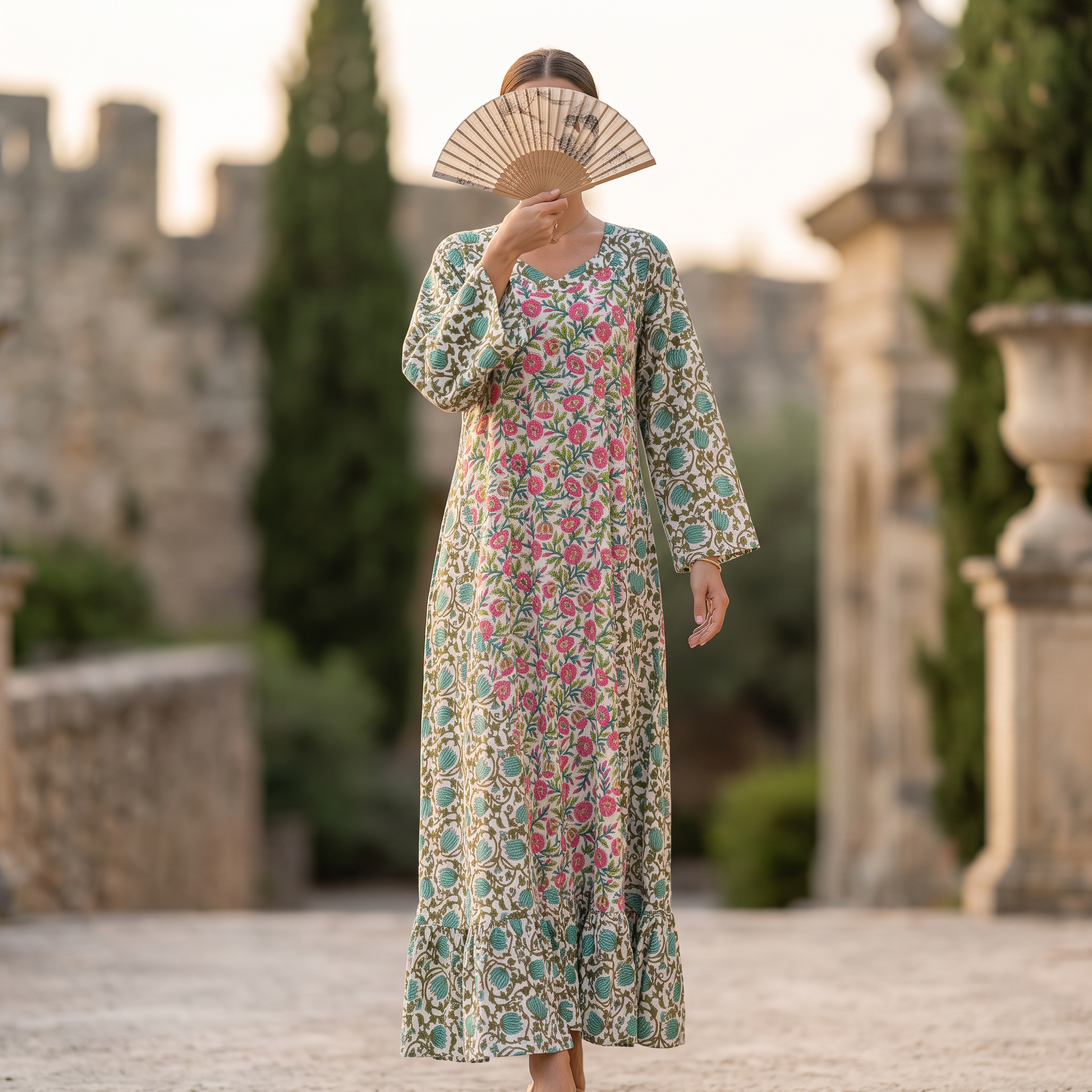 L/XL Naija Crystal Printed Cotton Long Dress Jalabiya – 57"