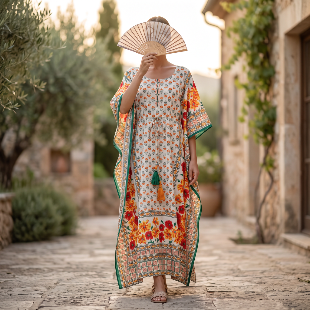 Free Size Farasha Crystal Printed Cotton Long Dress Jalabiya – 57"