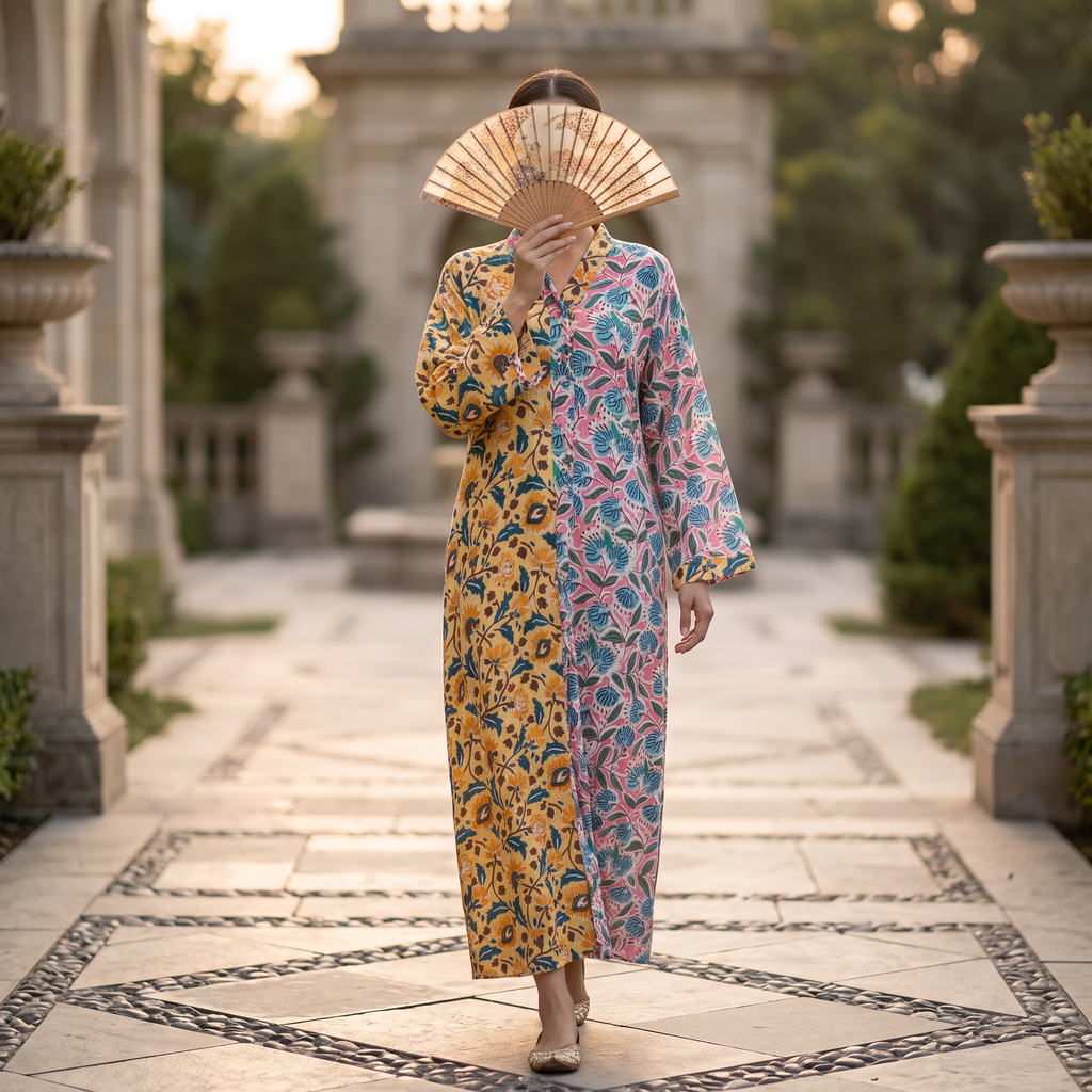 S/M Singapore Printed Cotton Long Dress Jalabiya – 57"