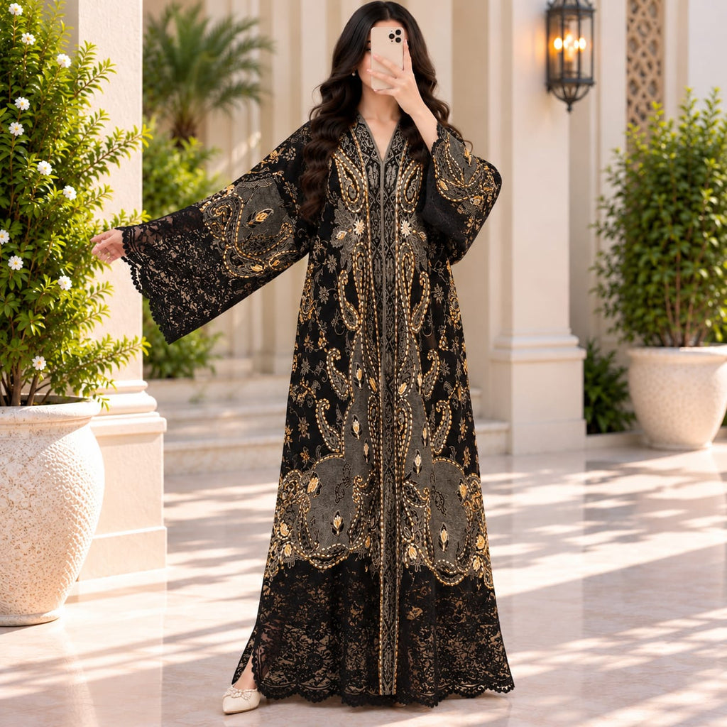 Free Size Royal Burgundy Velvet Crystal Kaftan – 55 Inches Length