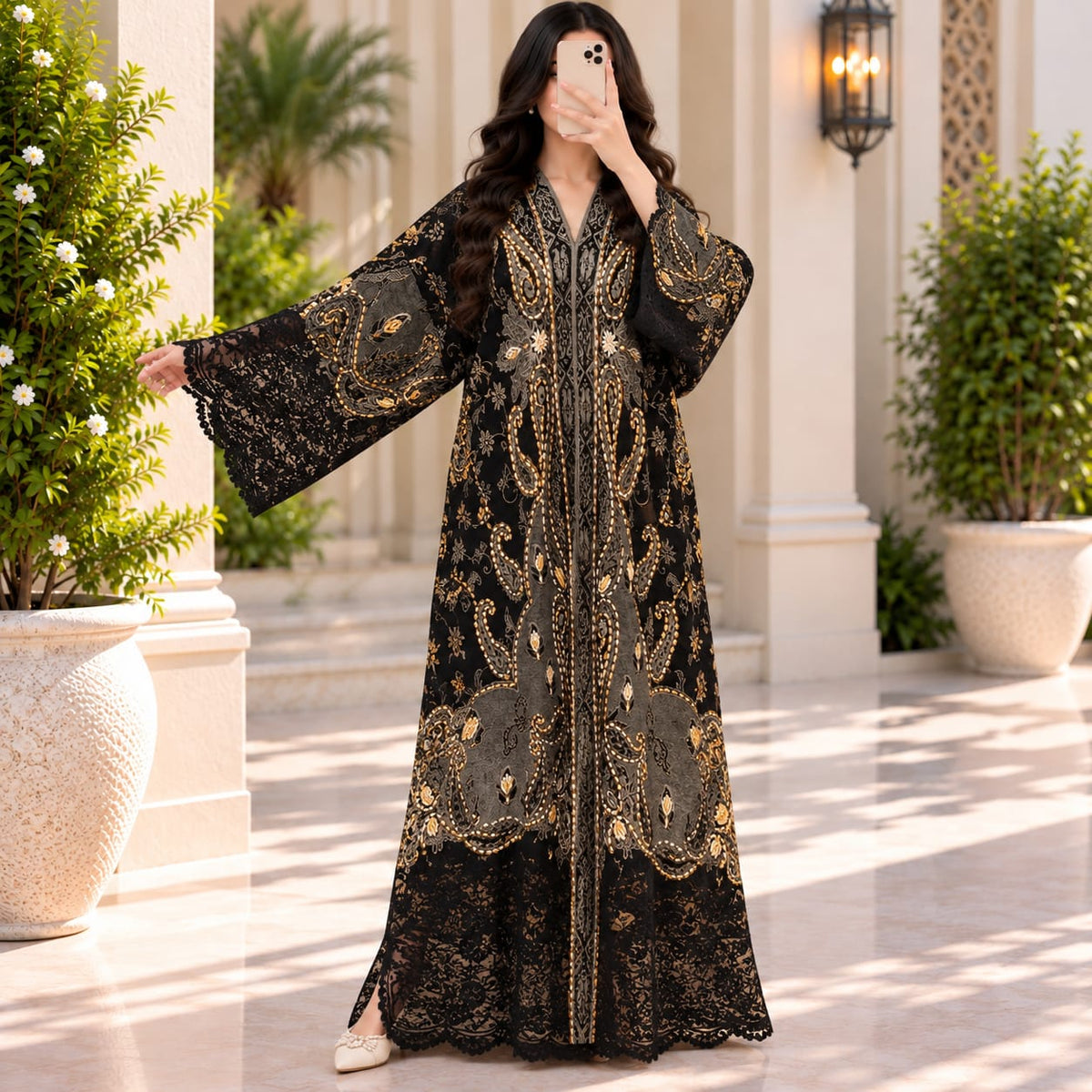 Free Size Royal Burgundy Velvet Crystal Kaftan – 55 Inches Length