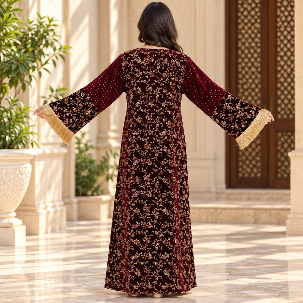 S/M Royal Burgundy Velvet Crystal Kaftan – 60 Inches Length